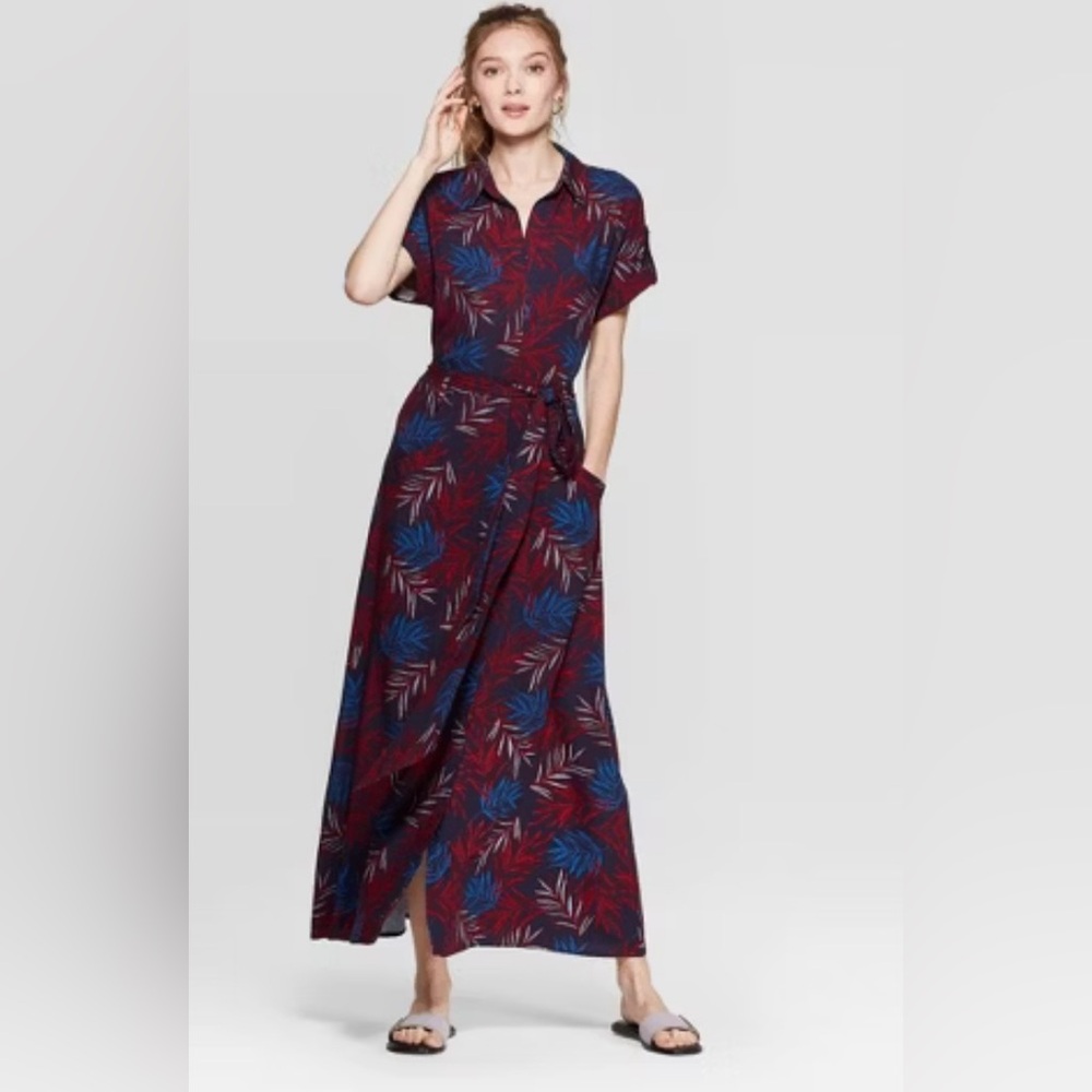 A New Day Blue and Red Wrap Maxi Dress with Dolman Sleeves